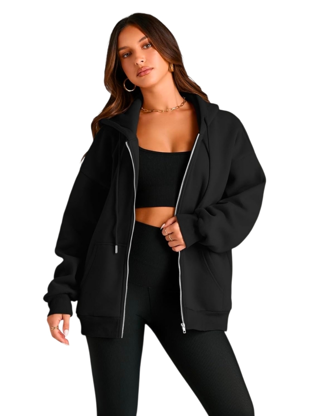 EFAN Style Oversized Black Hoodie Women’s XL Zip Up Y2K Streetwear Sweatshirt